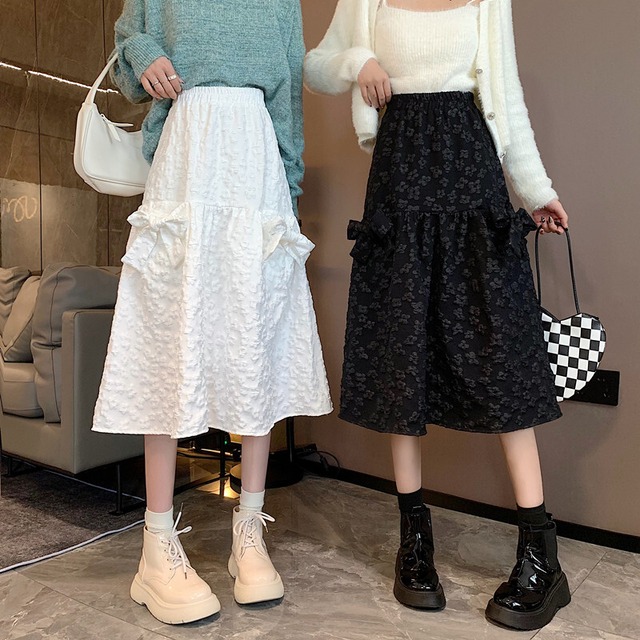 【韓国通販 dgo】ハイウエストミディスカート 2colors ホワイト/ブラック(W1875）センス溢れるファッションitem