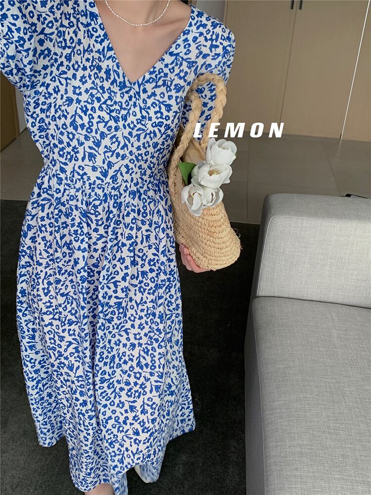 カラーVネックドレス サマースタイルウェストAラインミディスカート 大人ガーリー スウィート キュート カジュアル 夏物 ビッグFスモールZ韓国50862452401