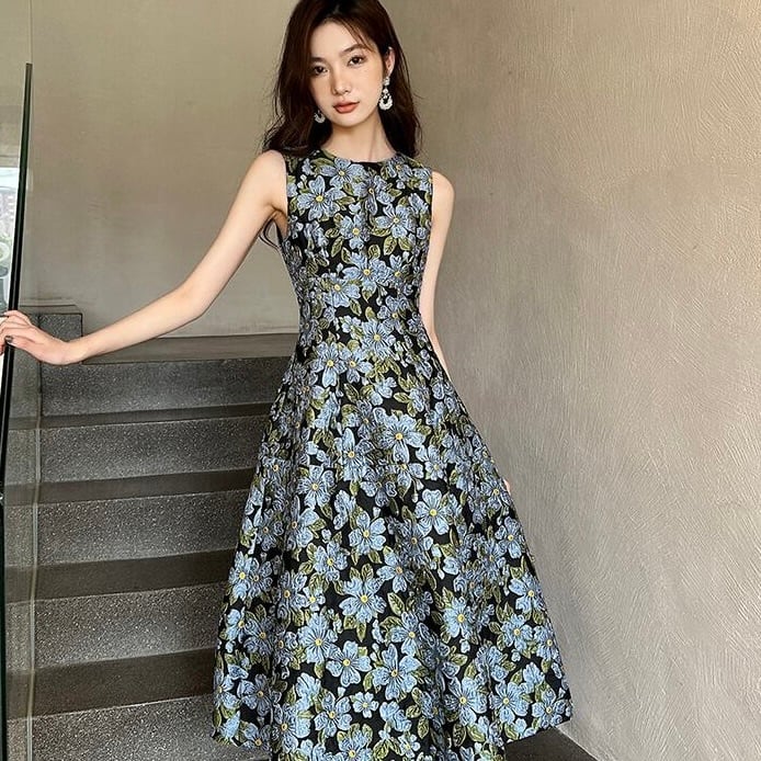 フラワー ノースリーブ Aライン ドレス