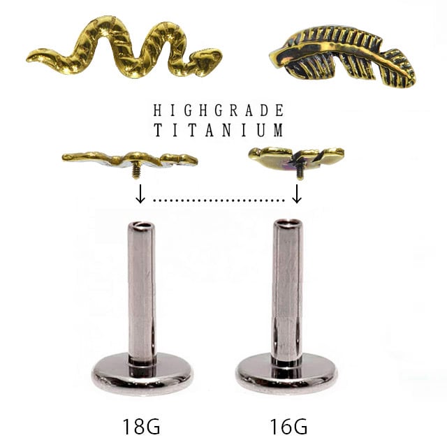 金属アレルギー対応 羽根ピアス 蛇ピアス 18G 16G ゴールド チタン