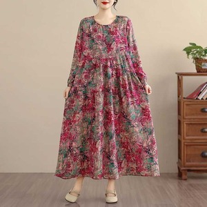 BOTANICAL PRINT BOAT NECK A-LINE LONG PULLOVER DRESS 1color M-16022