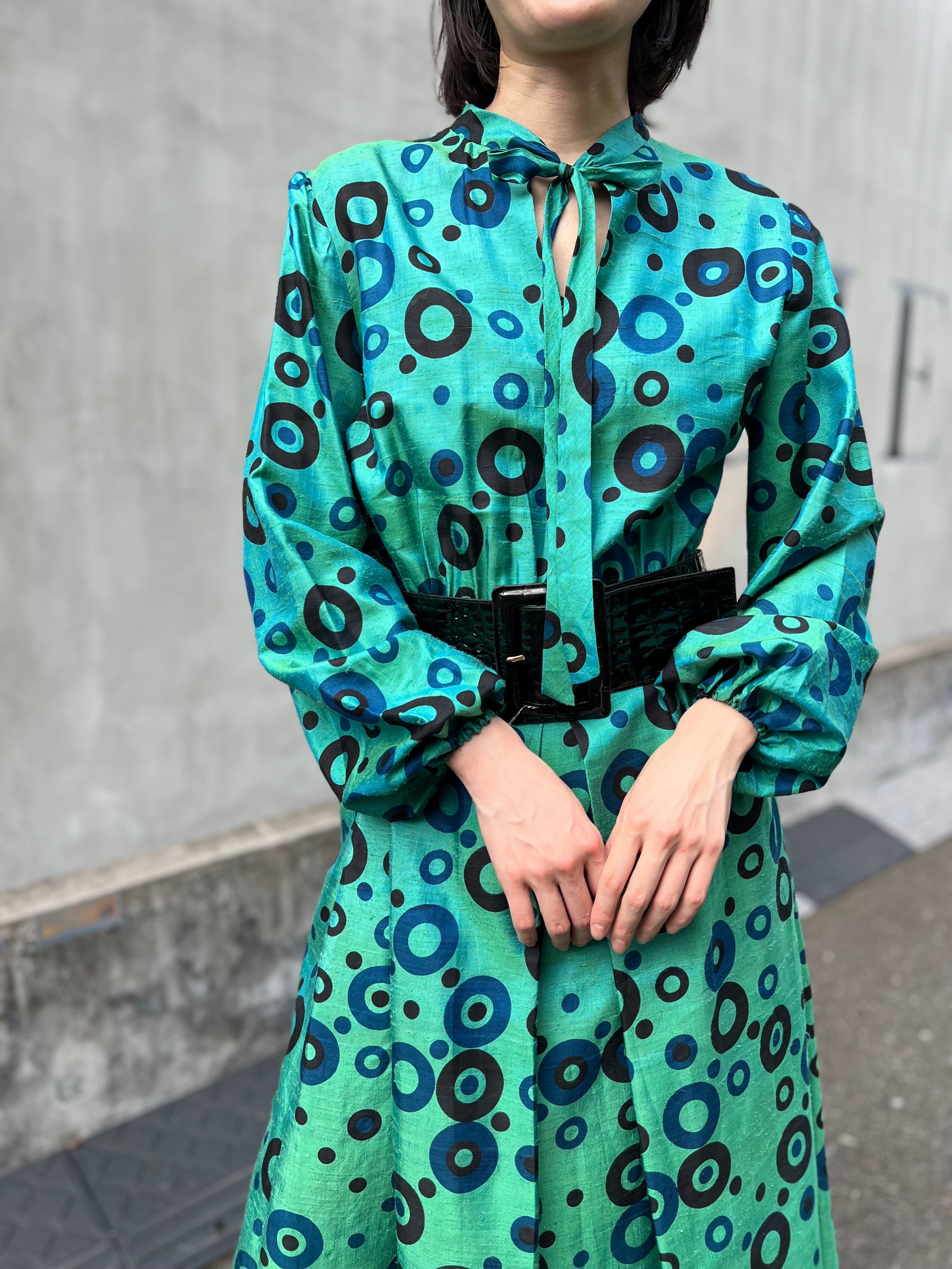 Vintage handmade green × circle print dress ( ヴィンテージ