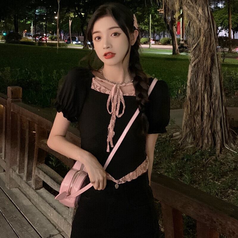 カラーレースショートトップス サマー薄手Tシャツ ストリート 大人ガーリー スウィート キュート カジュアル 夏物 ステッチ ガールズファッション34756145273