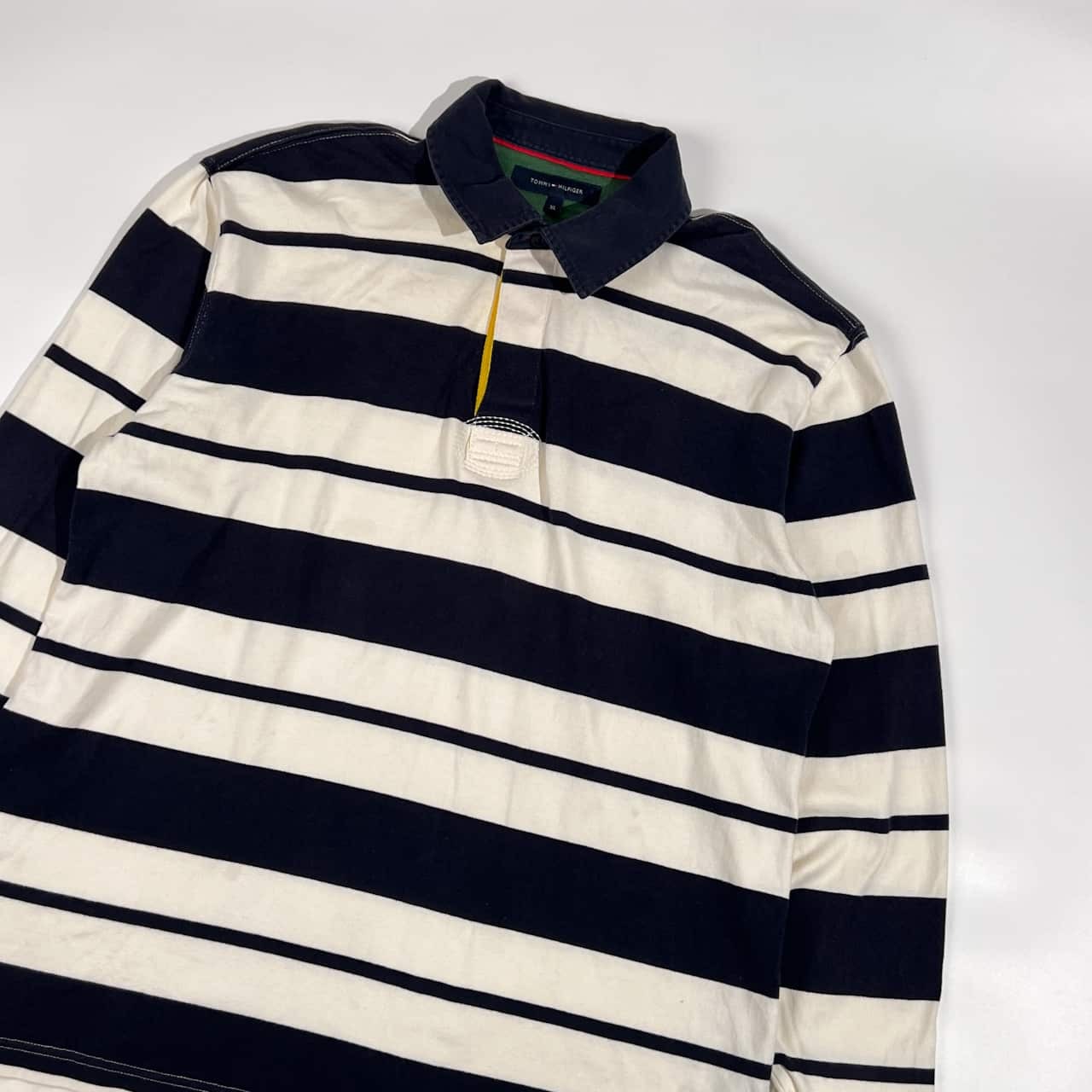 TOMMY HILFIGER トミーヒルフィガー ボーダー 天竺 長袖 ポロシャツ XL/ホワイト×ネイビー メンズ