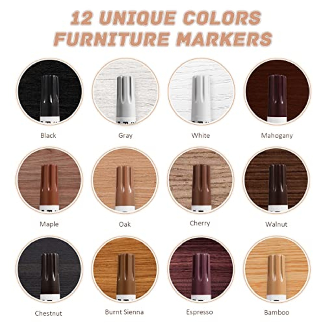 SEISSO 補修ペン 12色 キズ隠しペン 家具用 木製タッチアップペン キズ直し 補修 リペア フローリング 木工 木製の家具 ドア 床 傷 すりキズ用 汚れ ブラック グレー ホワイト マホガニー オーク チェリー ウォールナット カエデ チュスナット バーントシェンナ エスプレッソ バンブー