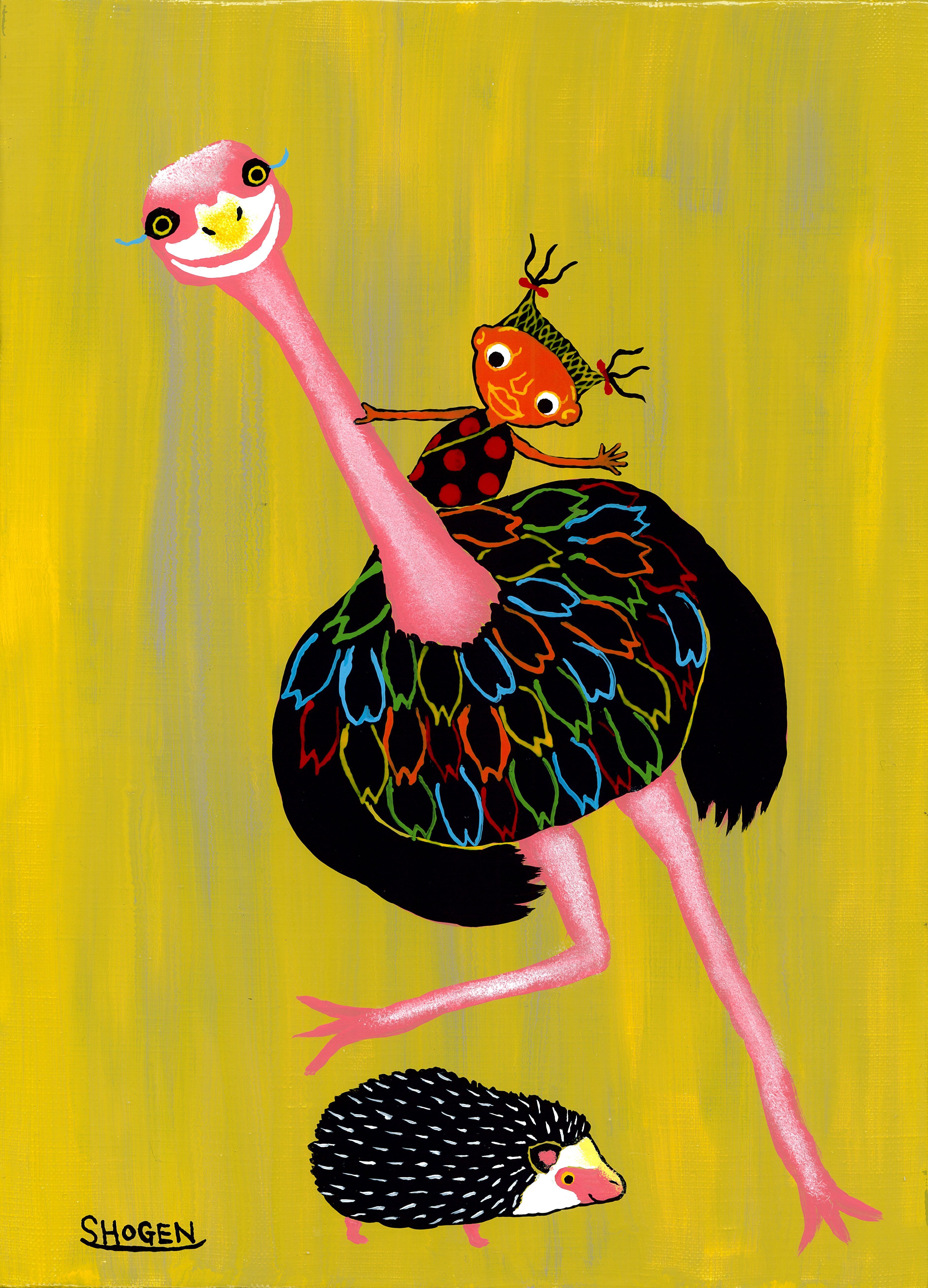 「ハリネズミを回避するダチョウとザイちゃん」キャンバス地レプリカ(A3サイズ)