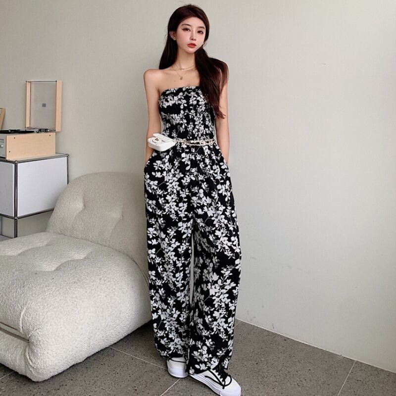 サマースタンダードトップス ルーズワイドレッグジャンプスーツ オールインワン レディース レトロ 夏物 ワイドパンツ ハンチェンe12338195895