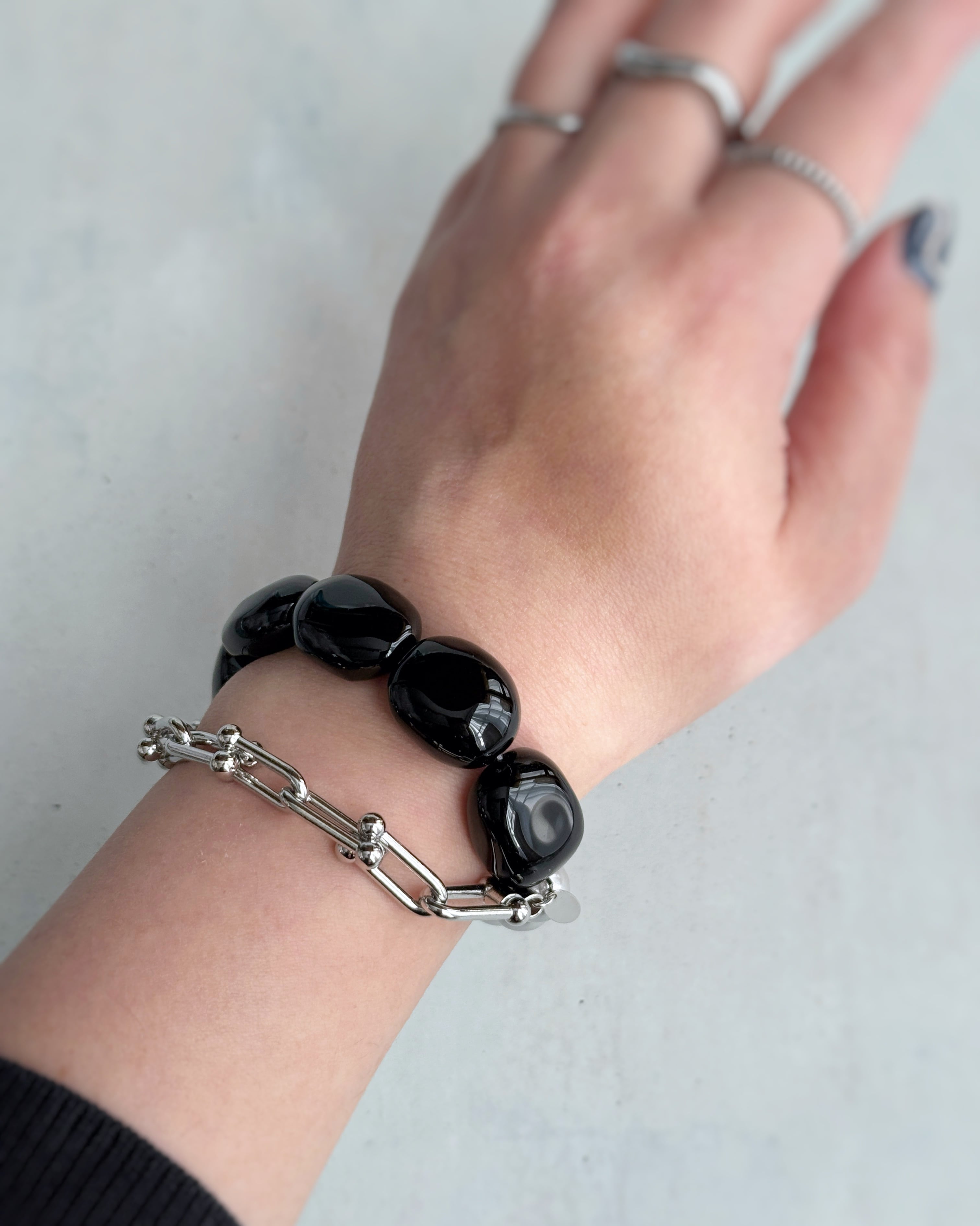 【再販】Chain & stone bracelet(オニキス×貝パール)