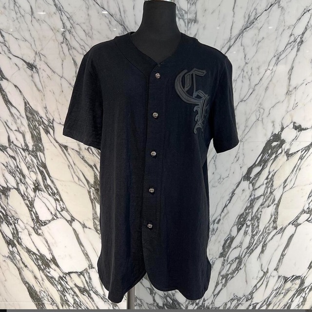 CHROME HEARTS クロムハーツ レザーパッチ クロスボールボタン ベースボール コットンシャツ 半袖シャツ CHロゴパッチ シルバー金具 シルバー925 ブラック