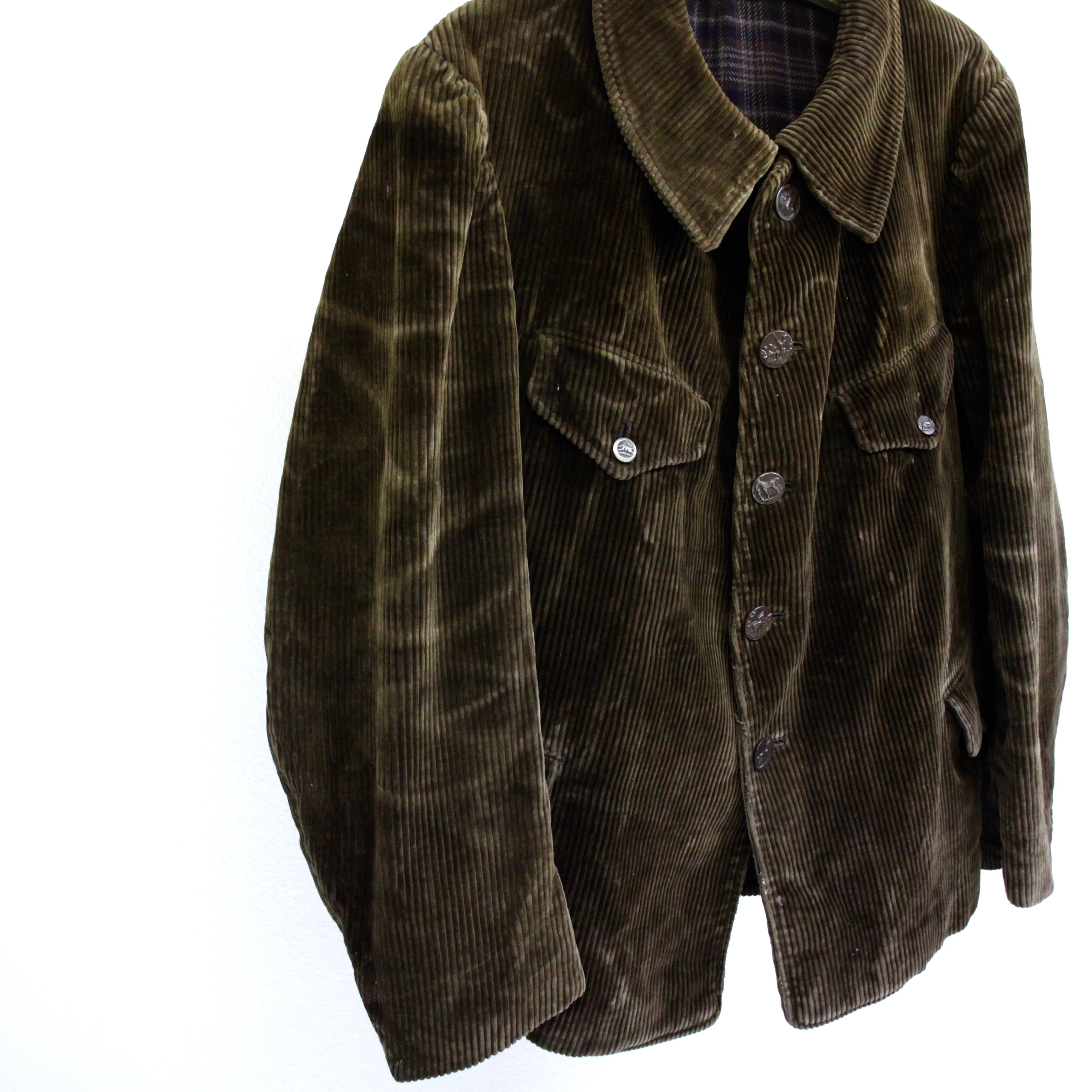0195 / 1940's French hunting jacket animal buttons ブラウン 太畝 ...