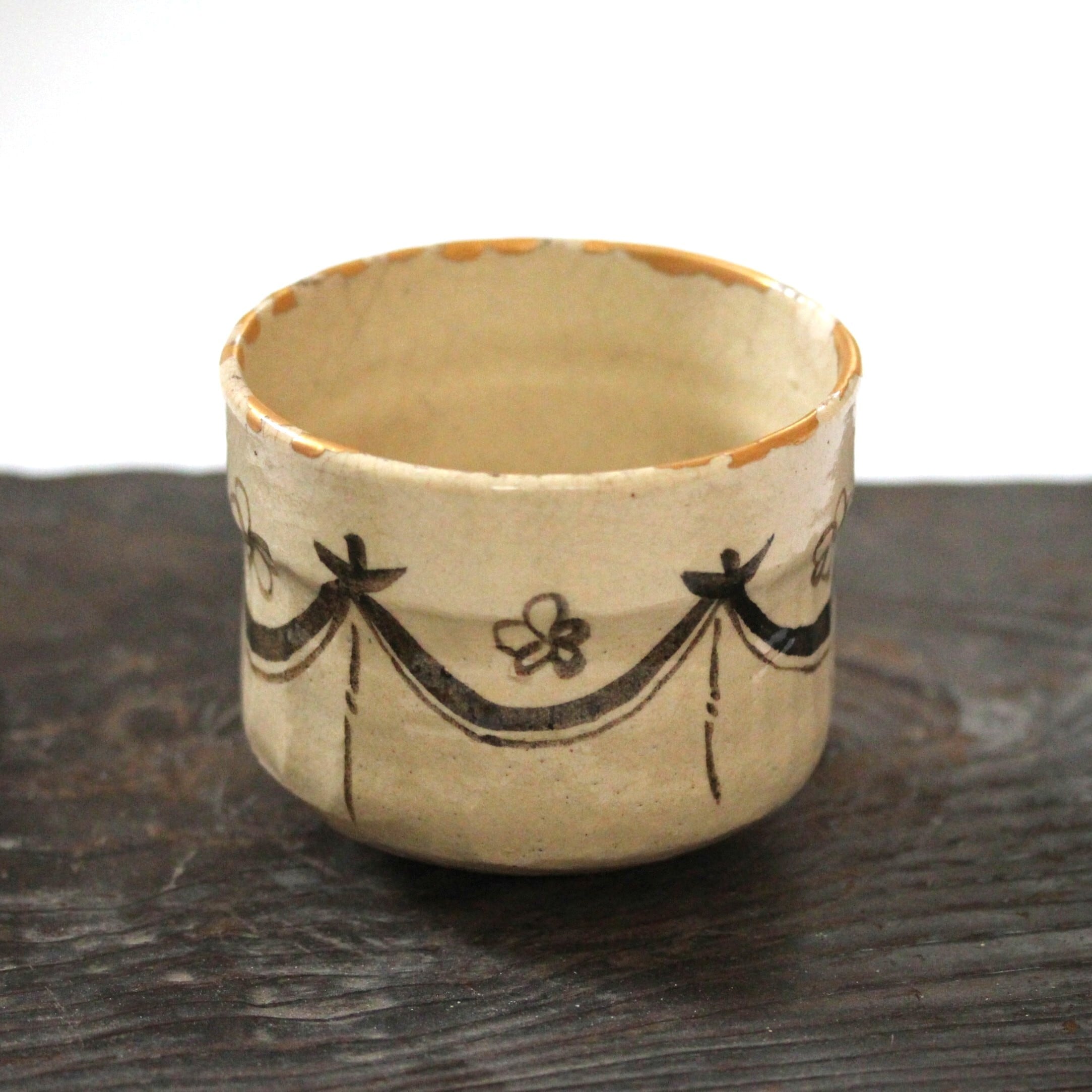 金継ぎのある古伊万里染付唐獅子牡丹文筒猪口 d7.1cm Kintsugi