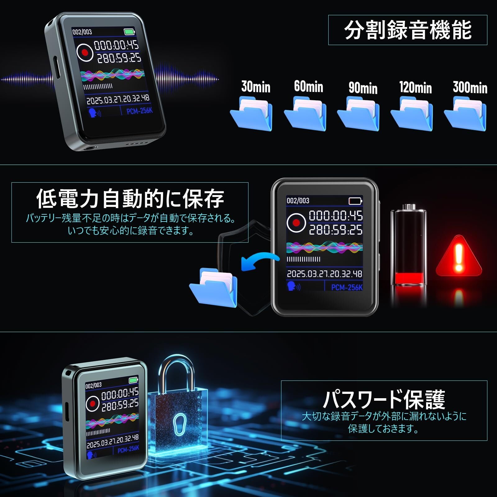 Zyvrex ボイスレコーダー 小型 ICレコーダー【32G大容量&50時間連続