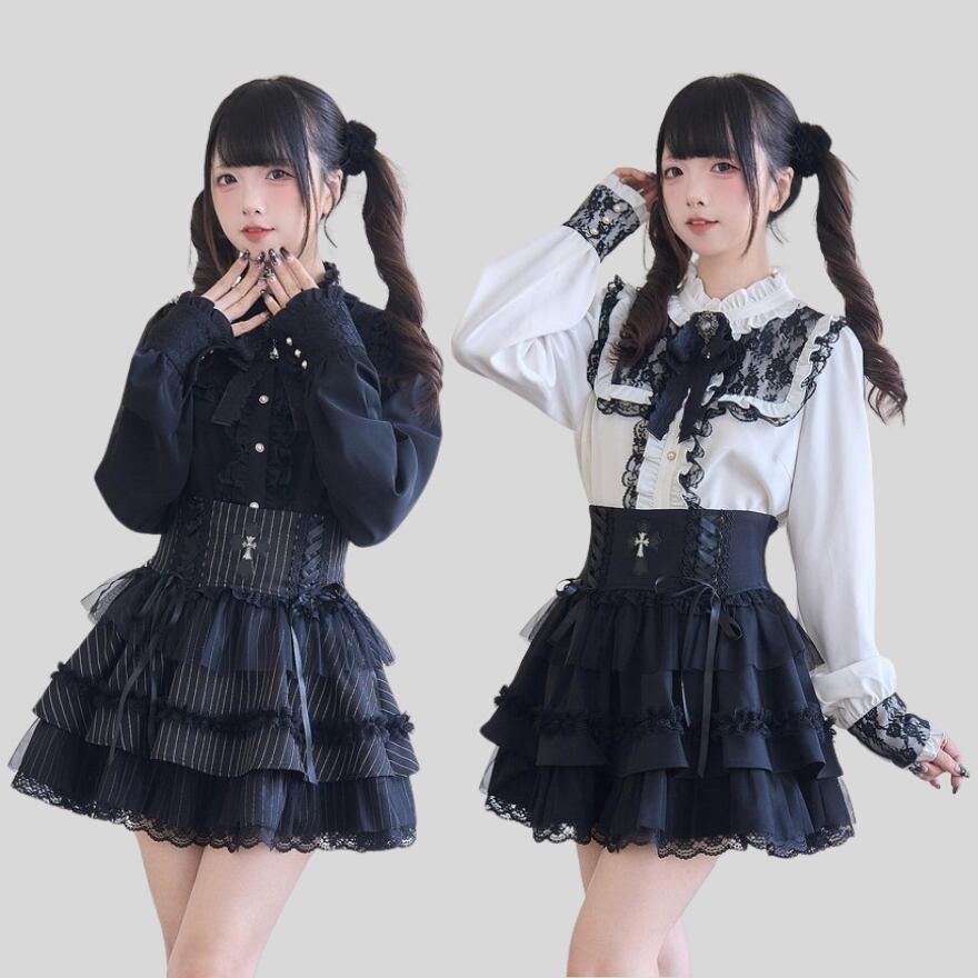 サブカル 服 地雷系 通販 系 セットアップ ブラウス スカート フリル レースアップ 十字架 ダークファッション