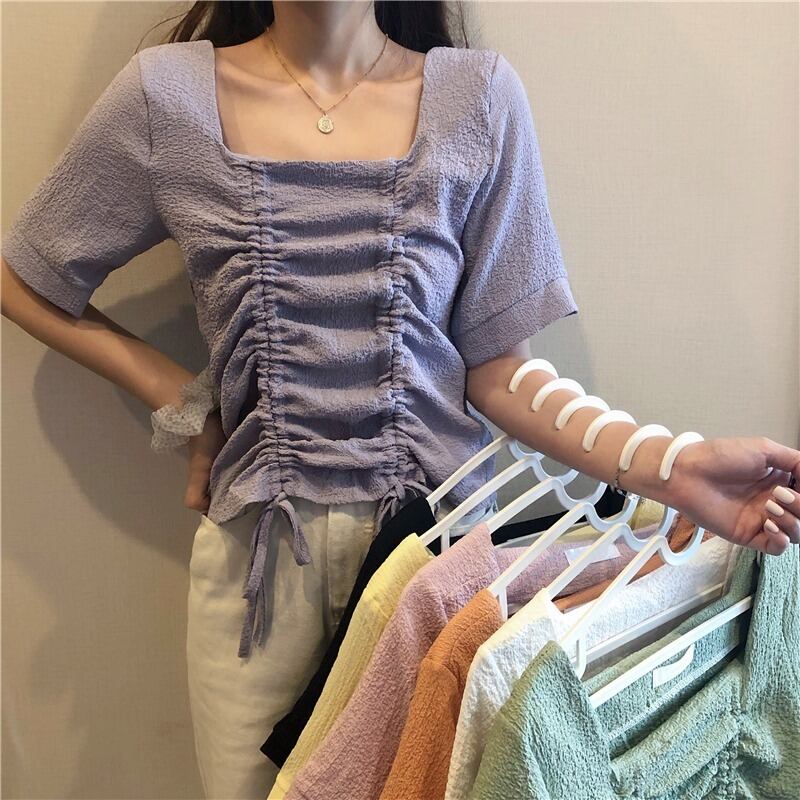 パープル半袖トップ2020新しい女性サマーポートスタイルシャツデザインニッチフォールドスクエアネック巾着シャツ 1号婦人7051615593