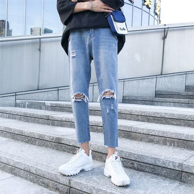 【予約販売】デニムパンツ メンズ ボトムス アンクル丈 ダメージ加工 シンプル ブルー スタイリッシュ こなれ感 カジュアル 韓国 トレンド 春 夏 秋 S/M/L/XL/2XL