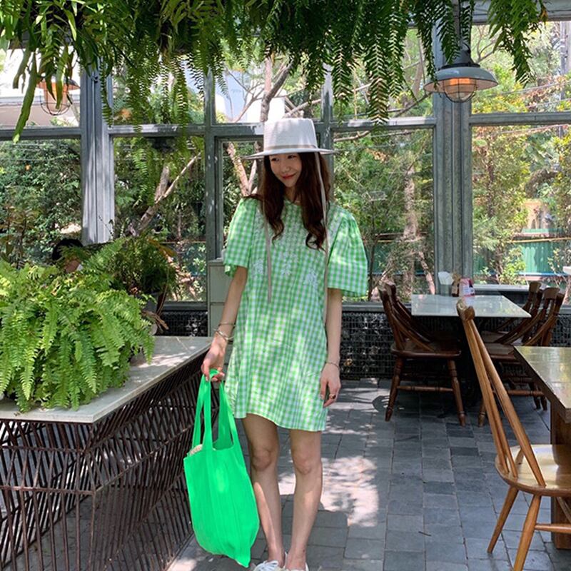 タイタイドブランドシーサイドビーチスカートトラベルスカートレトロバブルスリーブドレス小さな新緑チェック柄ホリデースカート 延命家ファッション6213416