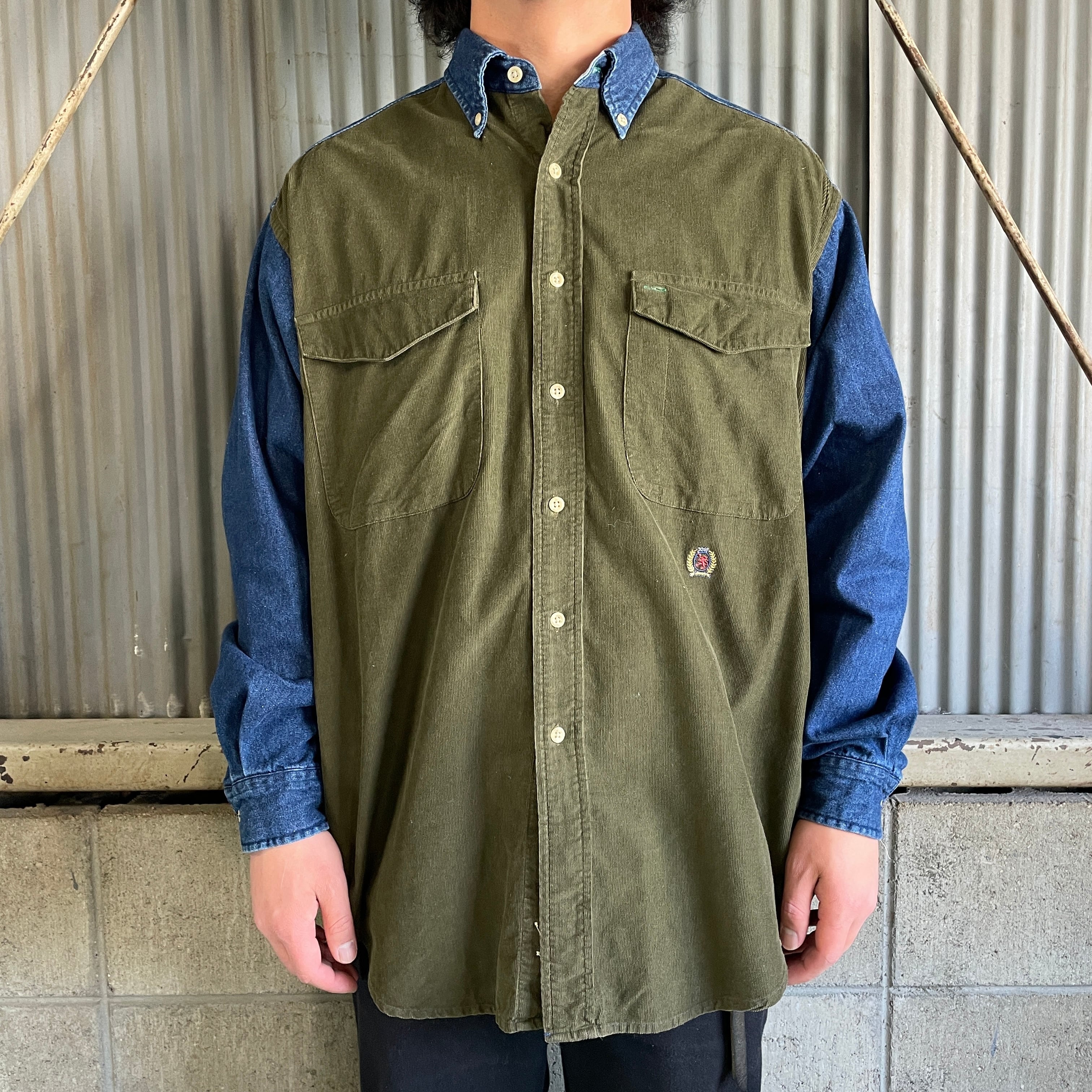 90年代 TOMMY トミーヒルフィガー コーデュロイ切替 デニムシャツ 