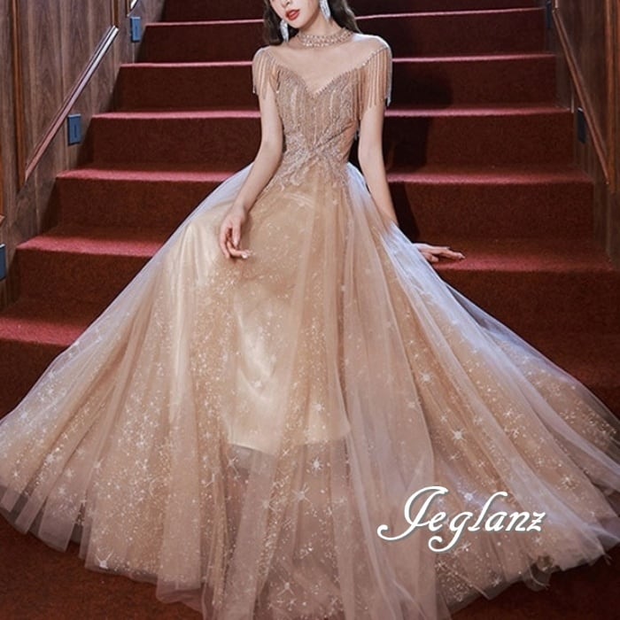 イブニングドレス ハイネック フリンジ 透け感 ラインストーン 光沢感(M9185)ζ