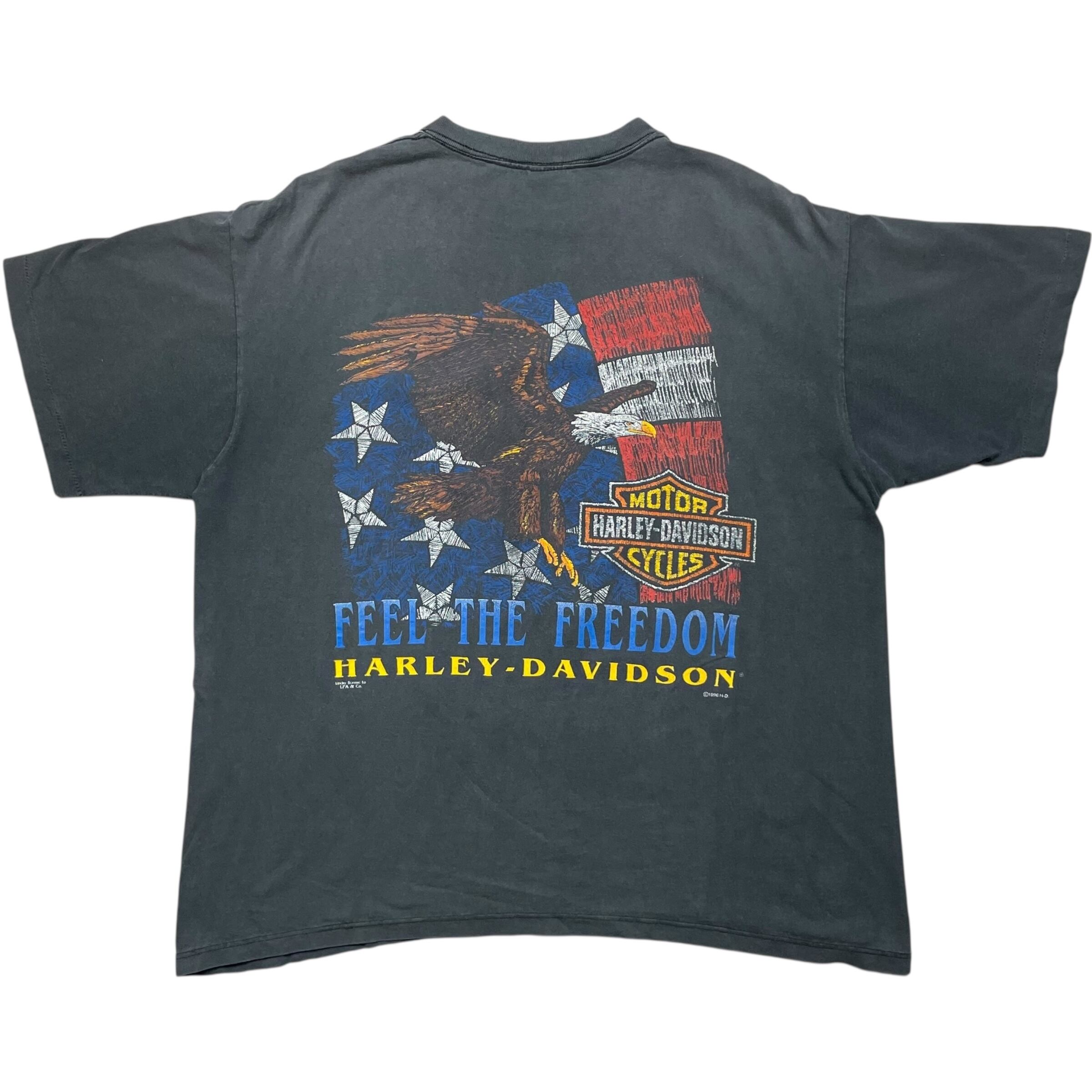 《XL》 Harley-Davidson ハーレーダビッドソン Tシャツ 胸ポケット イーグル プリント フェード ブラック 90年代 vintage no.8429