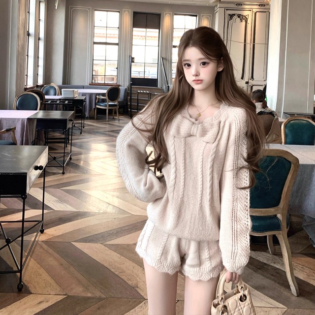 【set】リボン付きニットトップス×ショートパンツセット Q7648