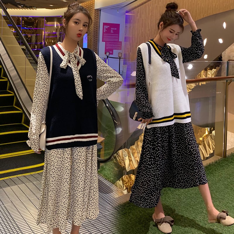 【新作】【送料無料】 マタニティウェア2019秋冬ファッションルーズマタニティドレスフローラルロングスリーブ+ベストツーピースセット-アリババ 長袖 オータム 秋物 ウィンター 冬物 花柄 expec214488631441