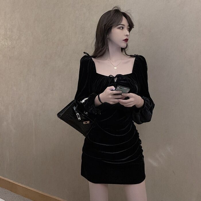 スタンダードベルベットドレス スプリングスリムショートスカート ブラック レトロ 春物 1号婦人24059368047