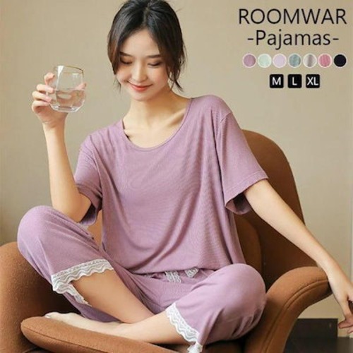 ルームウェア レディース 上下セット パジャマ半袖tシャツ 長ズボン ワイドパンツ 春夏 パジャマ カットソー パステルカラー かわいい おしゃれ ゆった