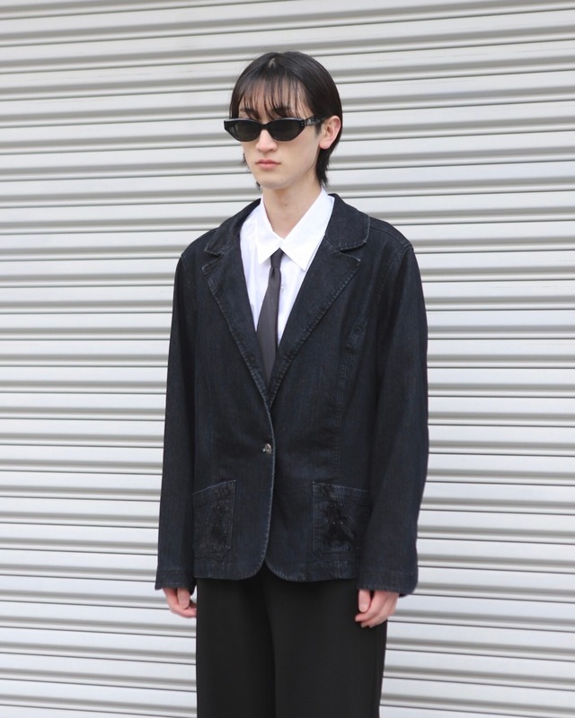 Embroidered black denim tailored