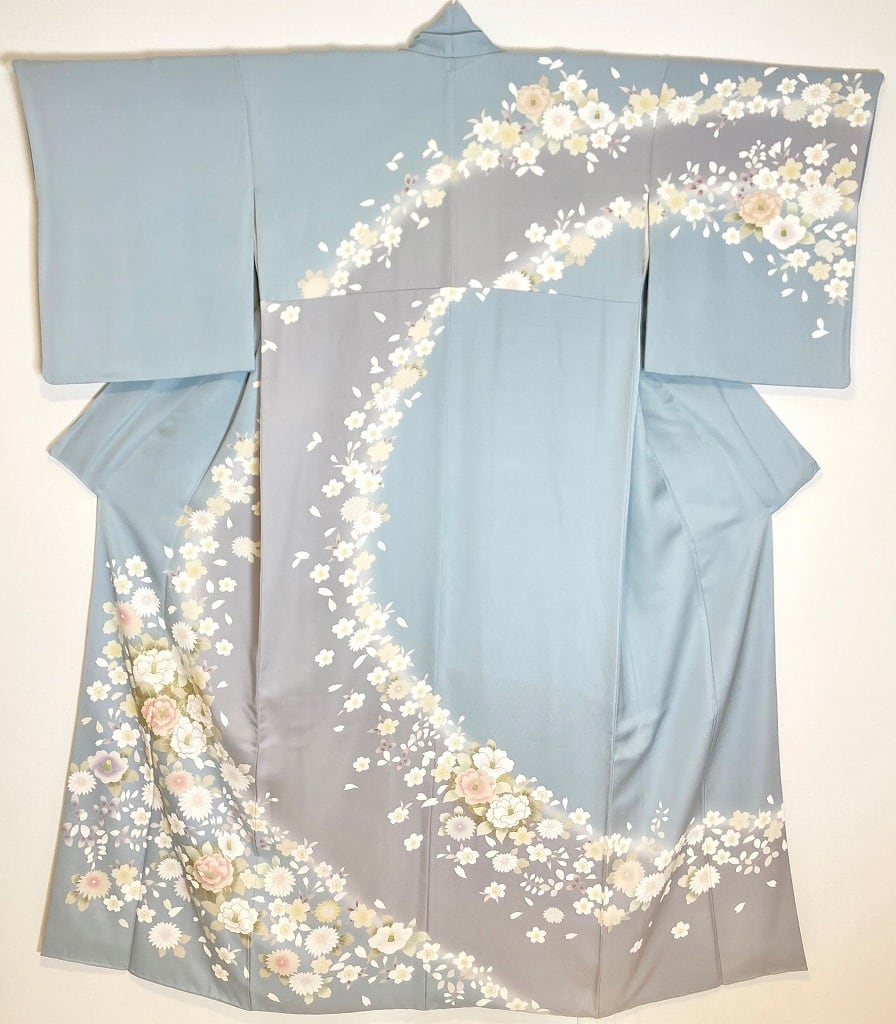 京友禅 金駒刺繍 染め分け トールサイズ 花柄 訪問着 正絹 水色 グレー