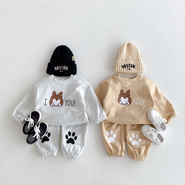 【BABY&KID】秋新作　コーギー柄カートゥーンセットアップ