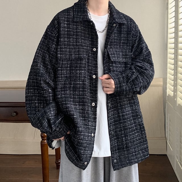 【予約販売】ブルゾン 防寒 メンズ アウター チェック柄 バックデザイン ジャケット ショート丈 オーバーサイズ ブラック ホワイト こなれ感 お洒落 韓国 トレンド 秋 冬 M/L/XL