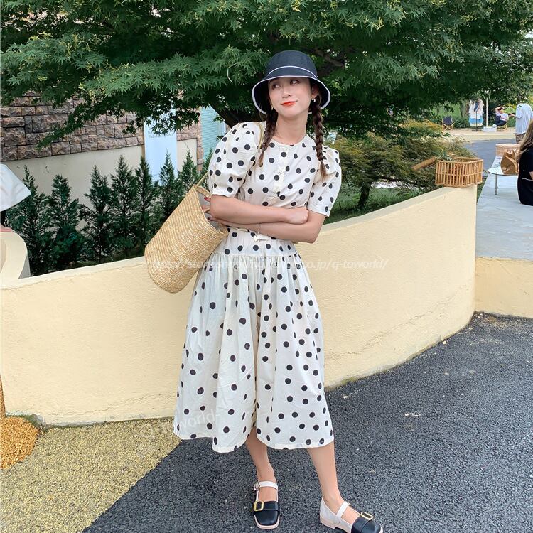 M】セットアップ トップス+パンツ ドット柄 2点セット レディース 親子  