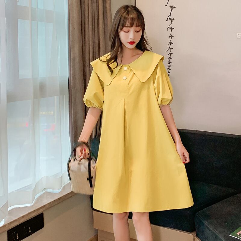 【新作】【送料無料】 マタニティウェア2020夏の新しい綿とリネンのステッチルーズラペルドレス、トレンディなマザーミドル丈マタニティドレス-アリババ コットン サマー 夏物 expec21340621994