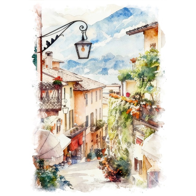 絵画 風景画(街並み) イタリアのコモ湖 ベッラージョ インテリアアート額付き 水彩画・油絵風 WAT1156