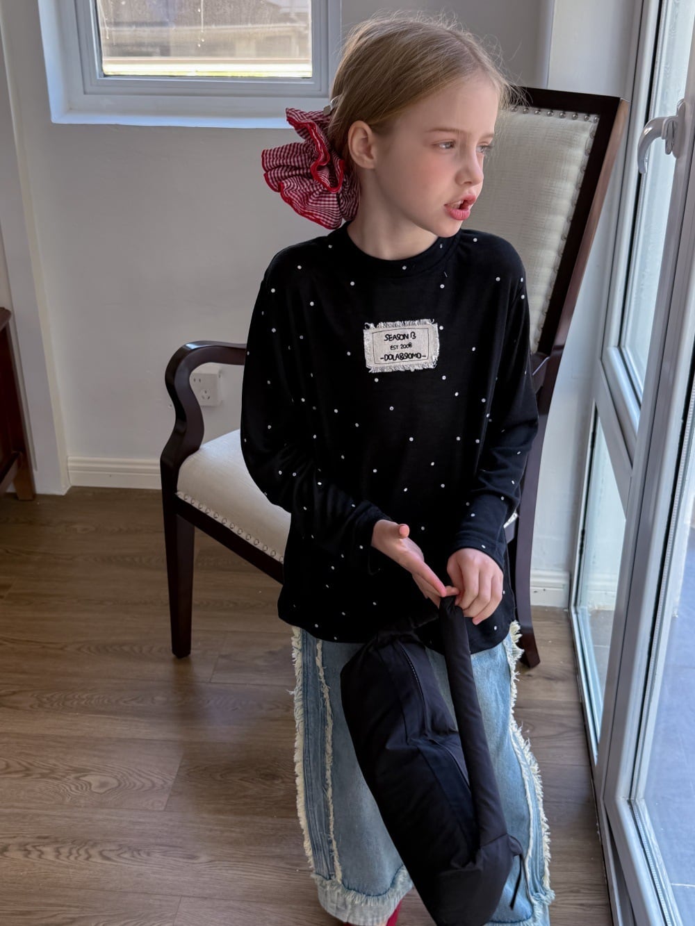 2colorフリンジタグドット薄手トップス