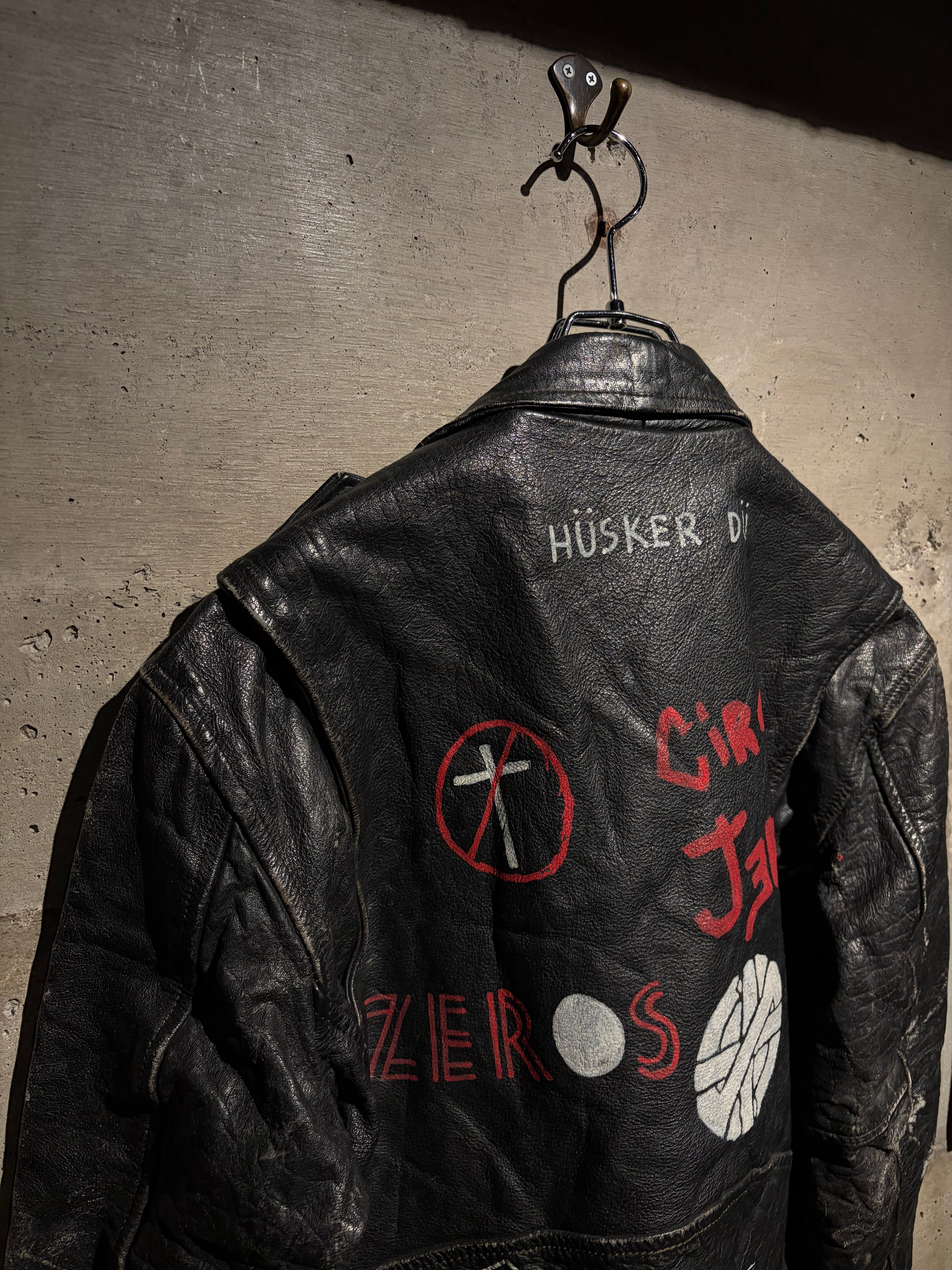 Caka】80's Studs × Band Paint Custom Double Riders Leather Jacket