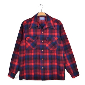 70s ペンドルトン USA製 ヴィンテージ ウールシャツ ボードシャツ オープンカラー 赤紺チェック PENDLETON サイズM 古着 CA1504