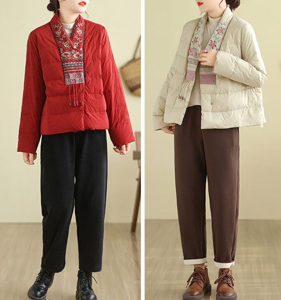 中綿コート ショート コート レディース 刺繍 Vネック 中綿ジャケット 
