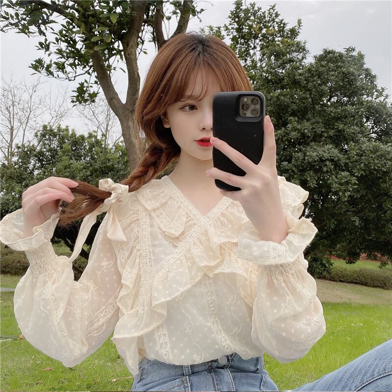 ブラウス スプリング薄手シフォンシャツ レディースロング 長袖 大人ガーリー スウィート キュート カジュアル 春物 試着室70784614050