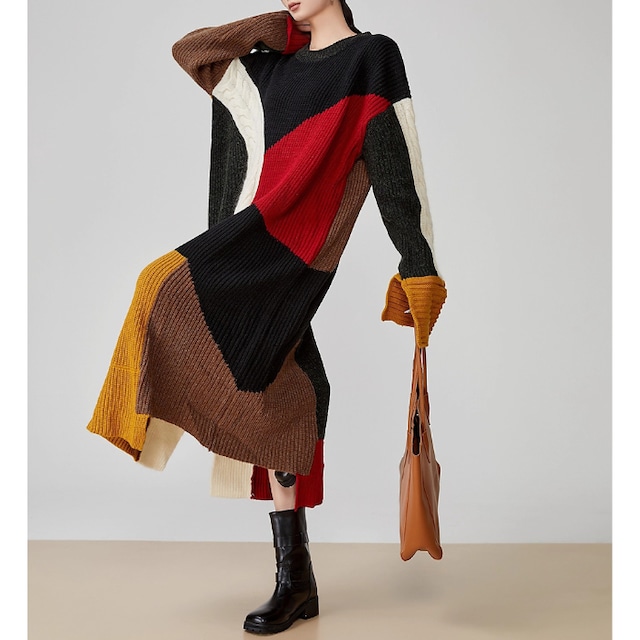 マルチカラードッキングニットワンピース［S-XL］