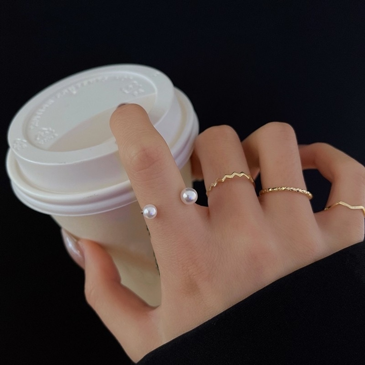 4点セットリング 小粒パール ゴールド エタニティ 重ね付け