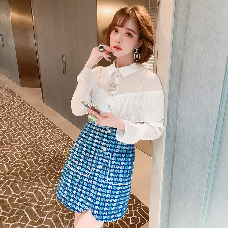 プリーツシャツ ポケットジャカードスカート オータム レッド 秋物 ステッチ MIUCO7994569086