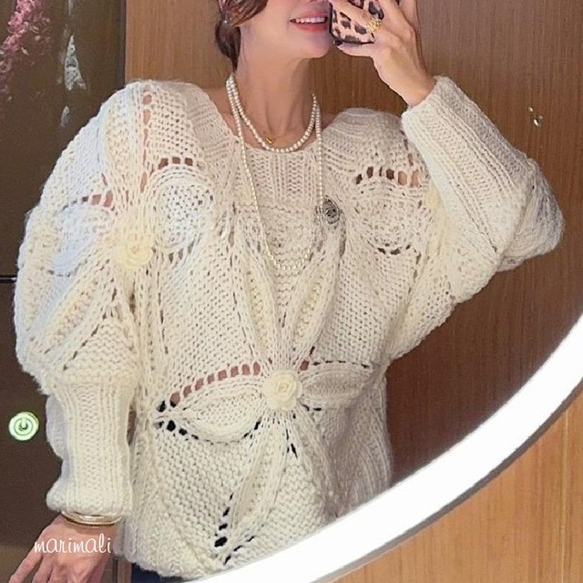 フラワー クロシェ パフスリーブ ニット 25508