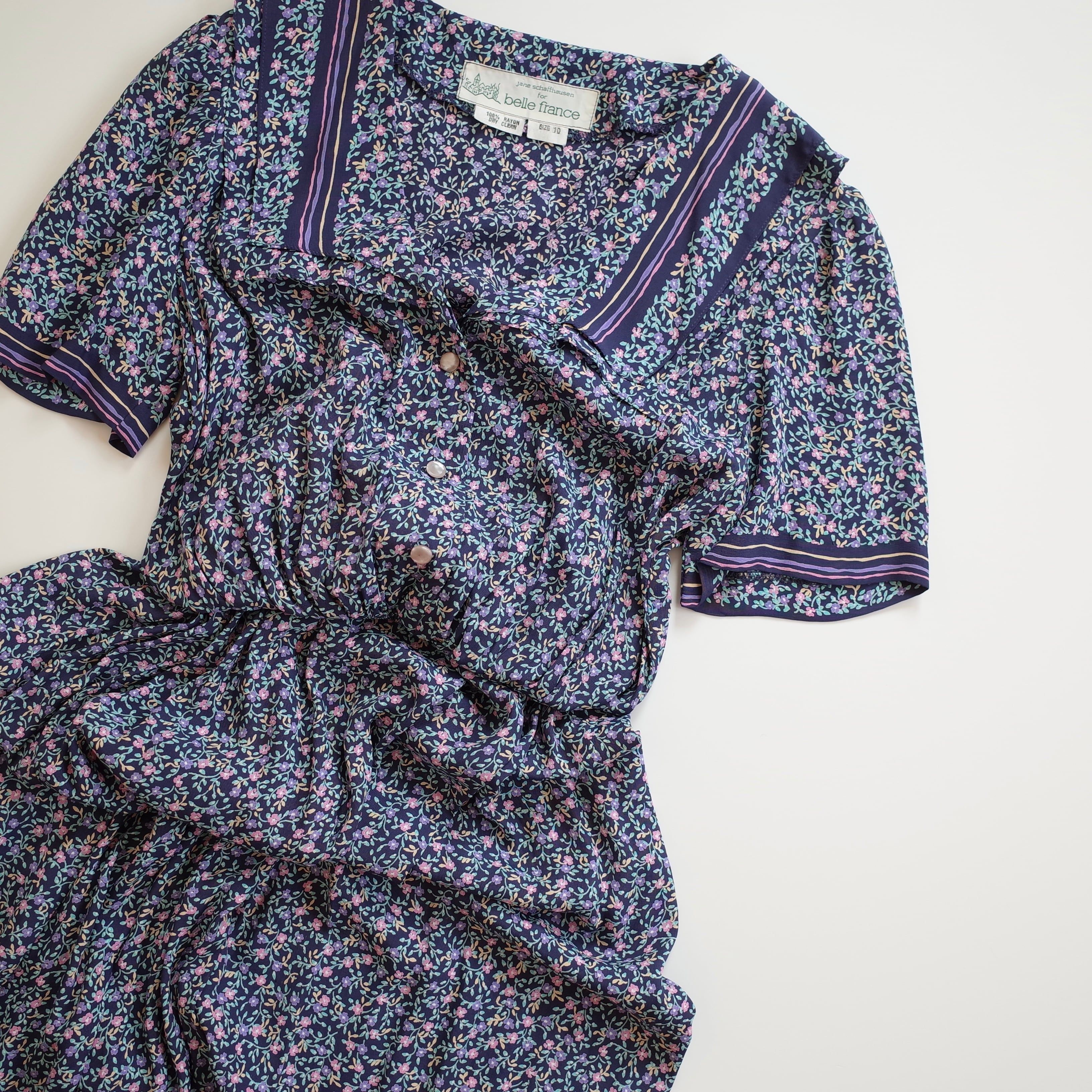 80s W collar flower print rayon dress