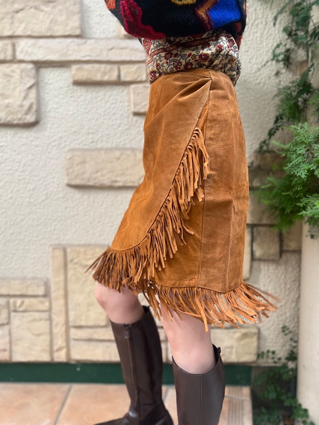 Vintage camel brown suede fringe wrap skirt (  ヴィンテージ キャメル ブラウン × スウェード フリンジ スカート )