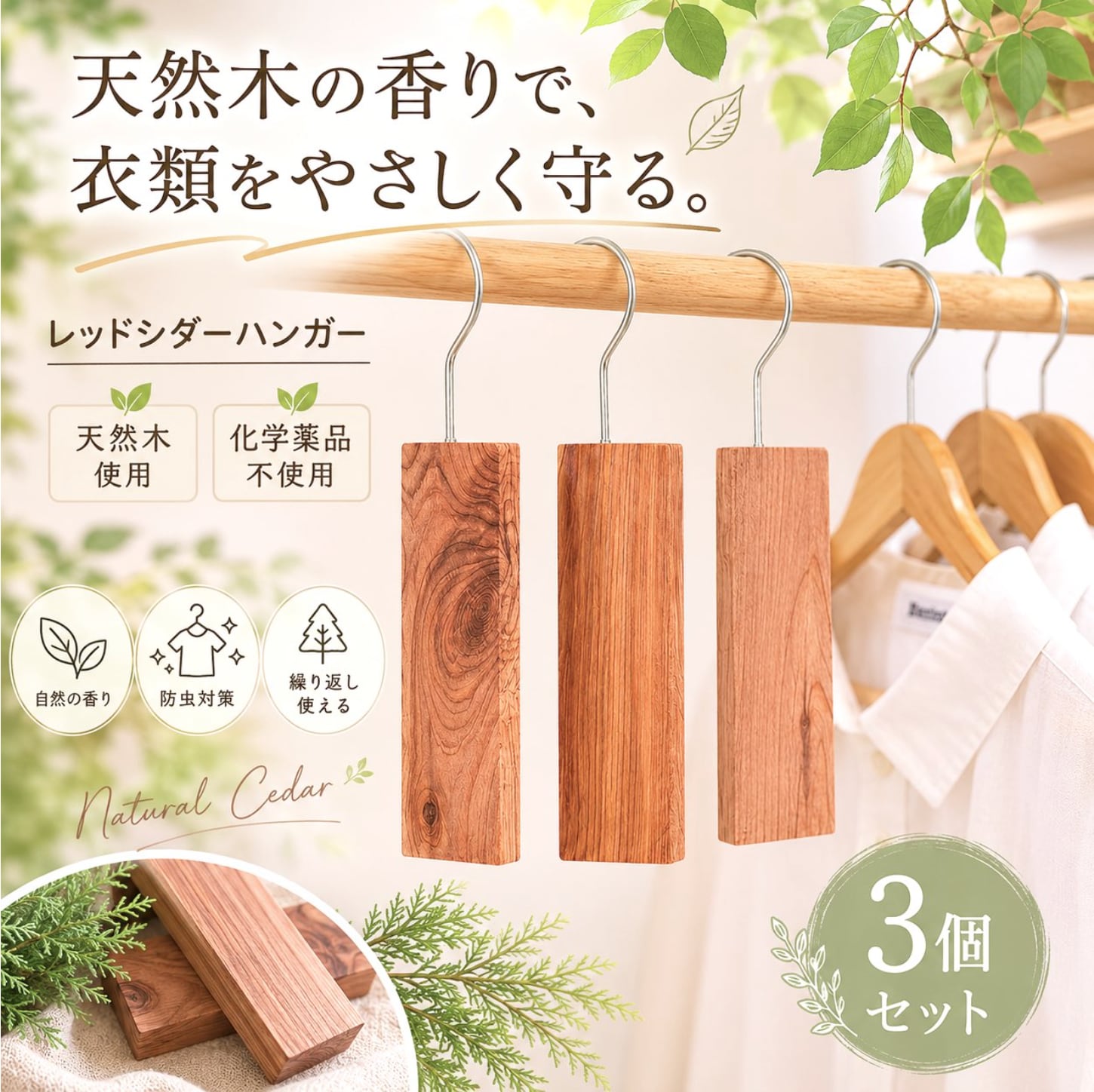 【 レッド シダー ハンガー 】3個セット 天然 防虫剤 クローゼット 虫除け 防虫 フック 吊り下げ ダニ 消臭 脱臭 収納 ケース 引き出し タンス 衣類 洋服 ケア 虫よけ 手軽 簡単 木 米杉 自然素材 日用品 生活雑貨 アロマ ナチュラル おしゃれ インテリア