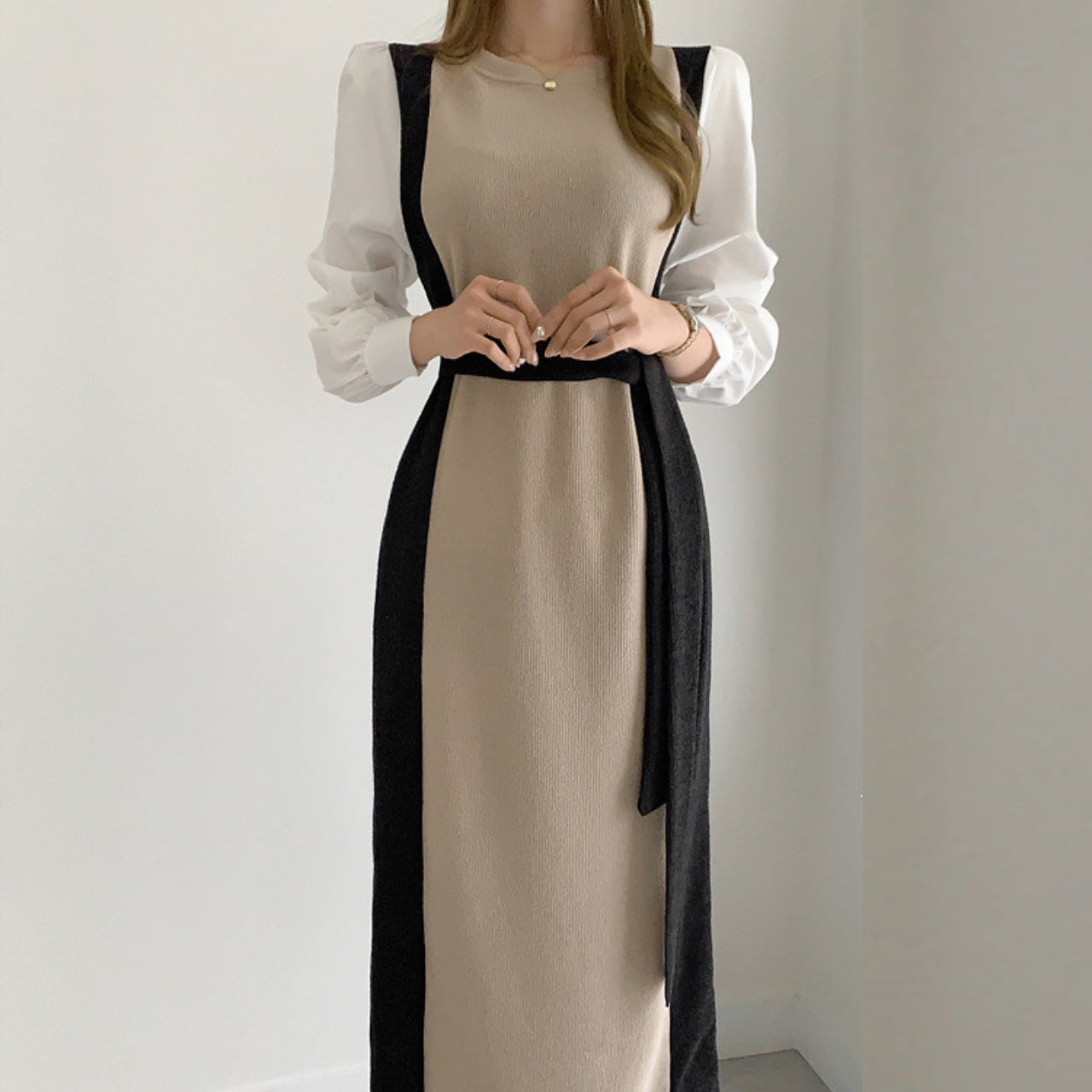 コントラスト ニット ワンピース-ブラック