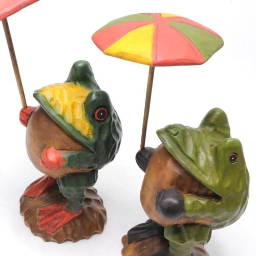 カエルの親子 置物 雑貨 木彫り