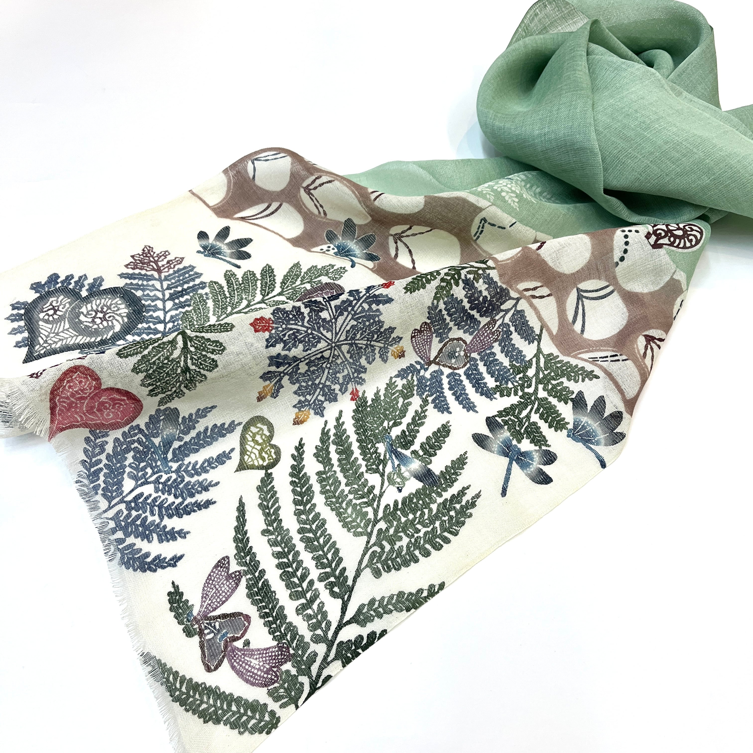 本場琉球紅型ショール《森・むいMui》 オーシャン 薄緑 タッサーシルク