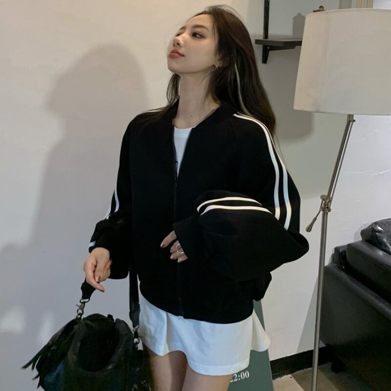 ショートカーディガンジャケット スプリングブラックルーズジッパートップス 春物 YY-ファッション60703210804
